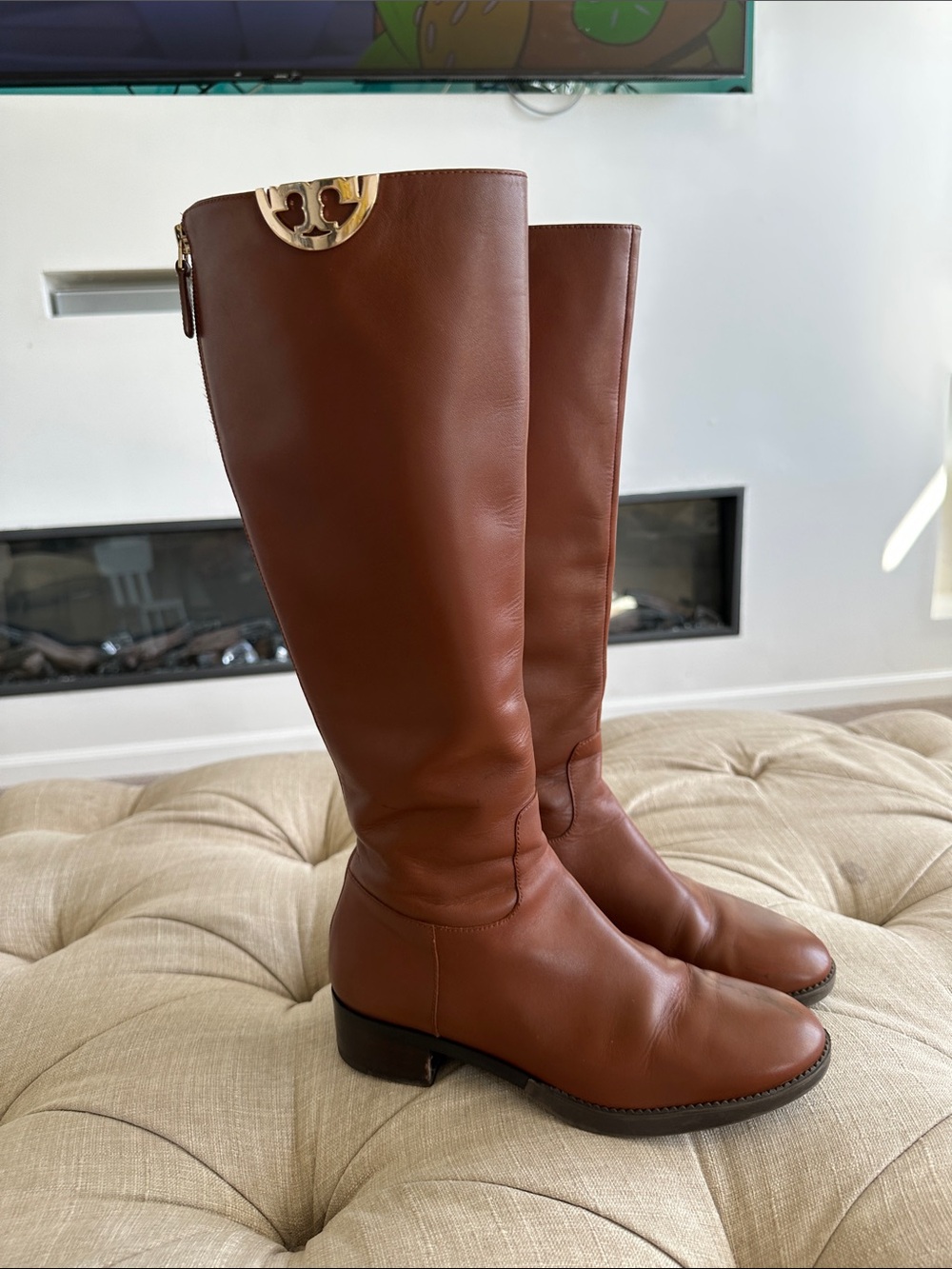Tory Burch Chestnut Brown Leather Over-The-Knee Boots with Gold Logo